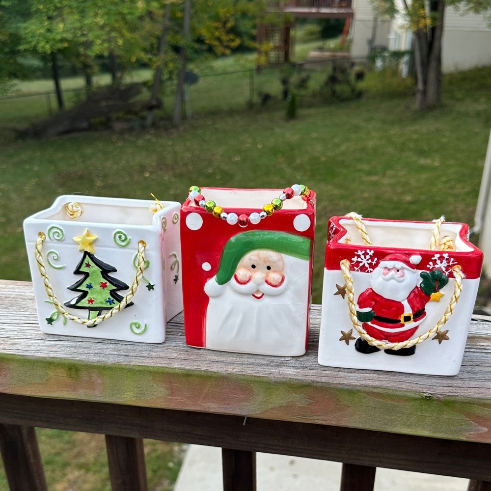 Festive Holiday Candle Holders Set of 3- Santa and Christmas Tree Design